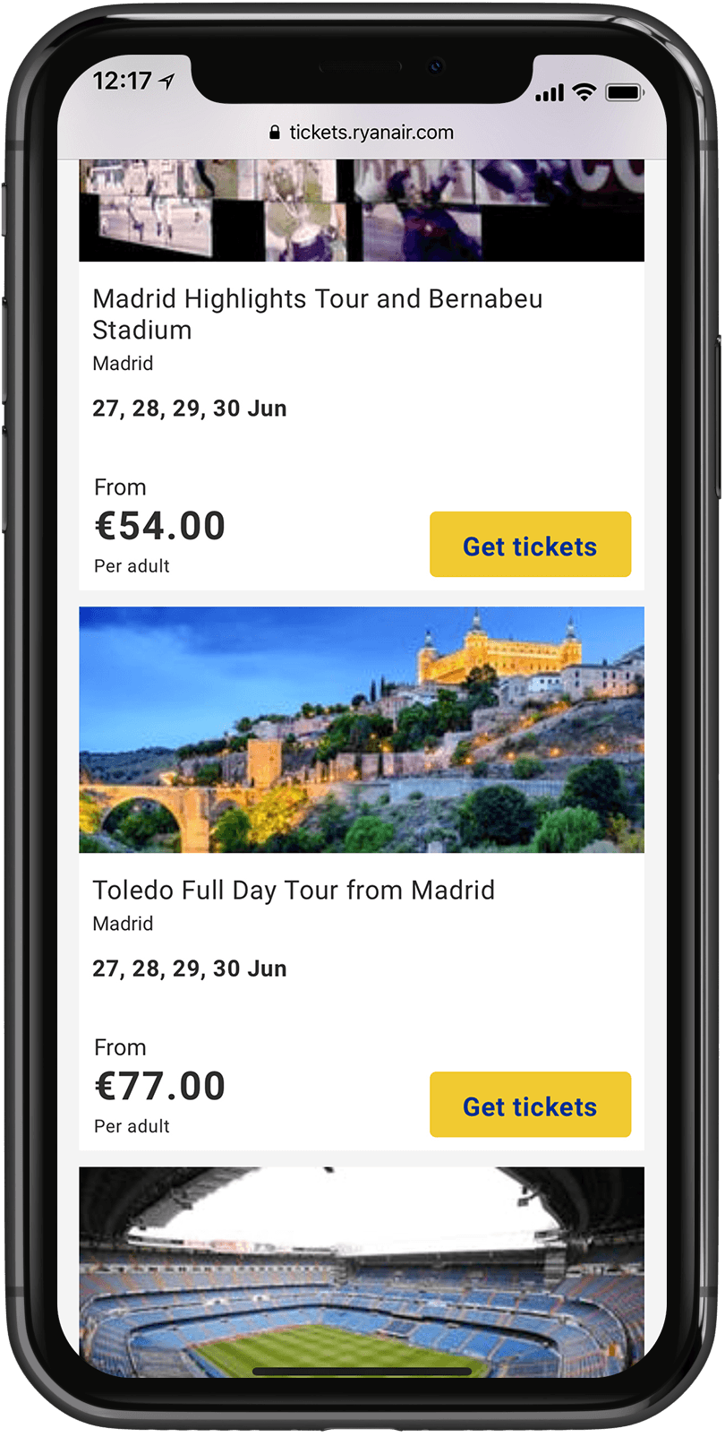 Ryanair Tickets’s list of Madrid ticket offerings such as a tour around the Bernabeu Stadium or a Taledo day tour.