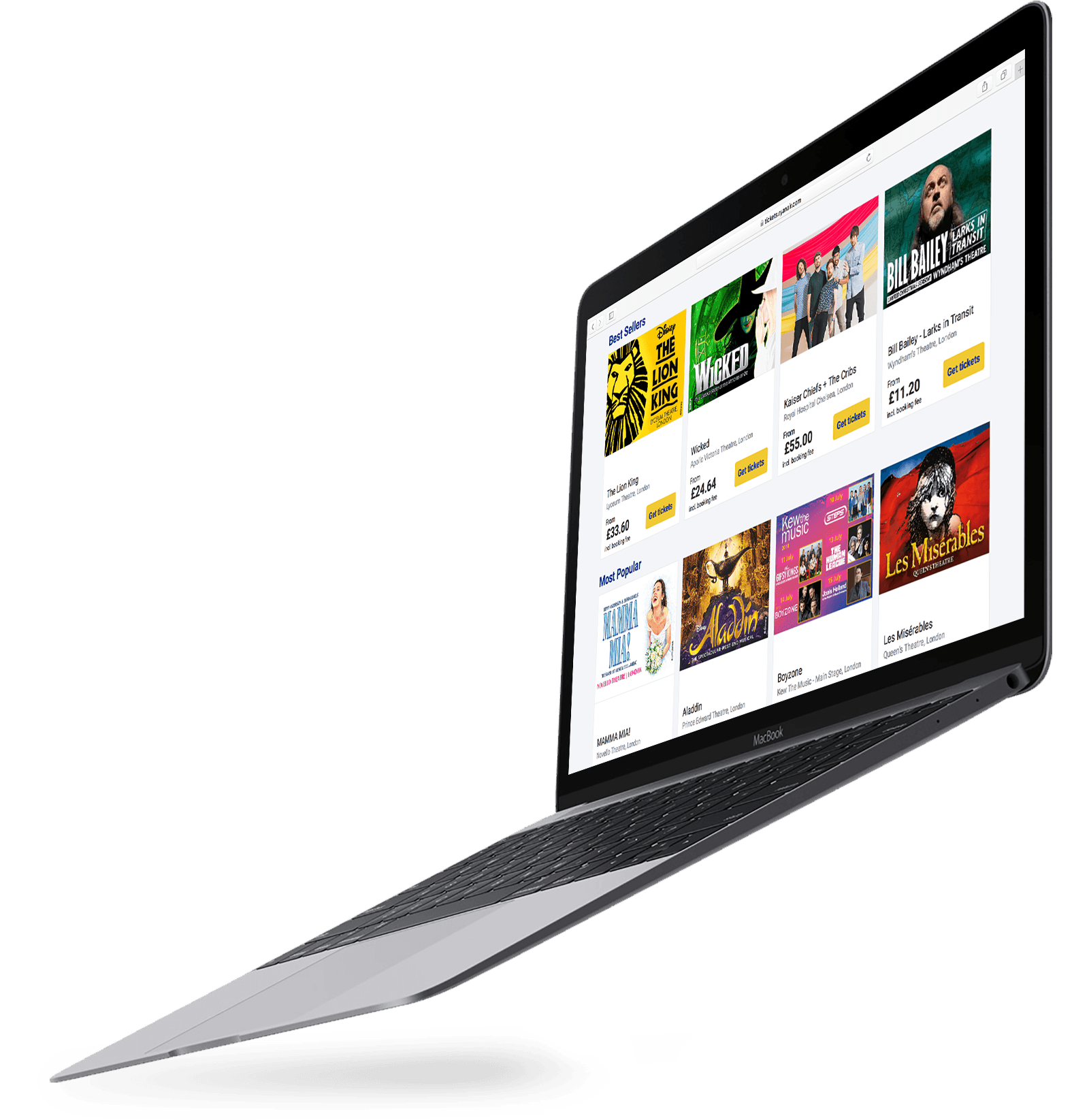 Ryanair Tickets screen on a laptop showing best selling shows such as The Lion King and Wicked.